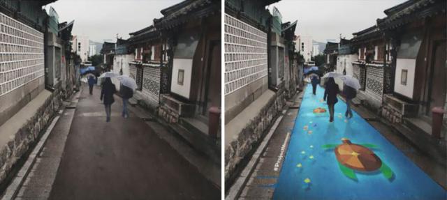 Яркие рисунки на дорогах, которые видны только во время дождя