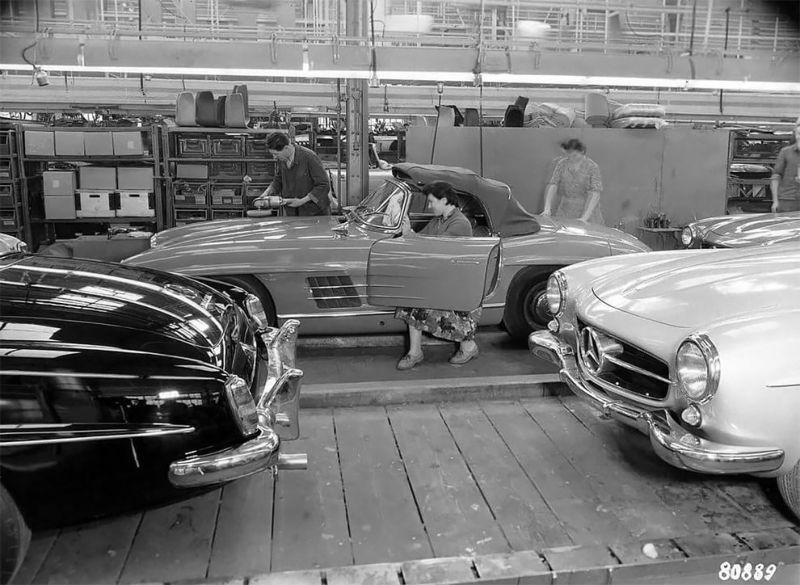 Линия сборки Mercedes-Benz 190 SL на фото 1958 года