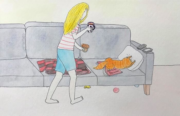 Акварельные рисунки о повседневной жизни с кошкой - Zefirka